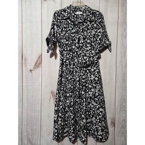 Calvin Klein Black White Floral Button Front Midi Shirt Dress Belted Size 8